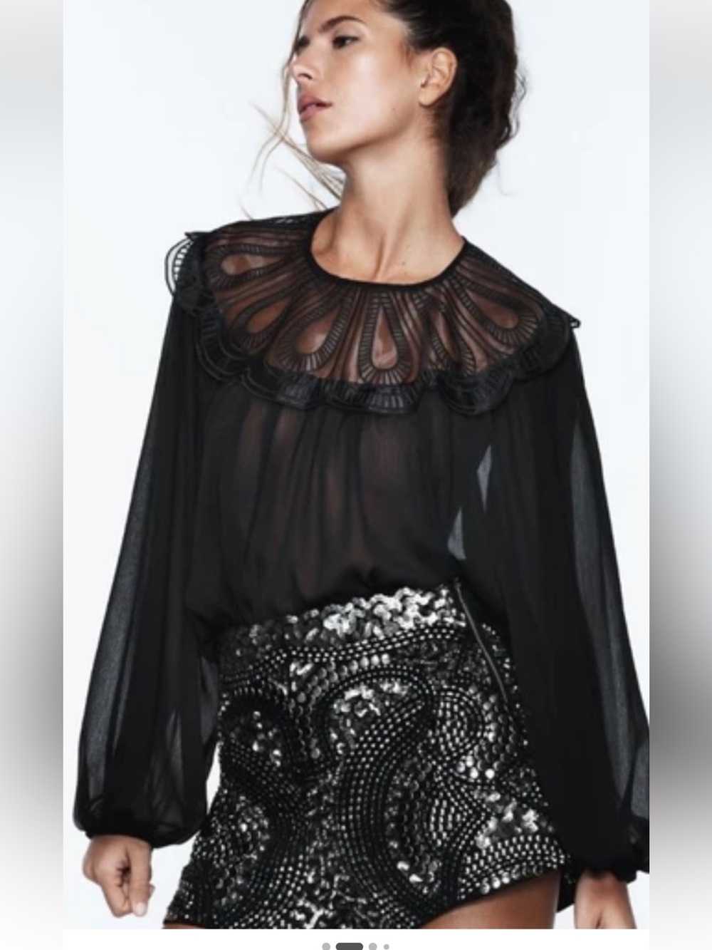 Zara Black Sheer Blouse with Decorative Lace Yoke